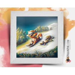 Cadre carré avec Illustration Renard et marmotte au Ski pour Chambre Enfant bébé 25x25cm