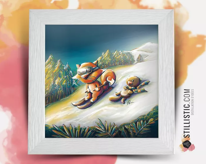 Cadre carré avec Illustration Renard et marmotte au Ski pour Chambre Enfant bébé 25x25cm