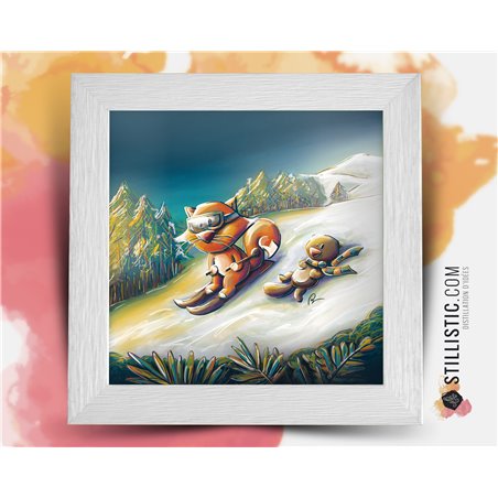 Cadre carré avec Illustration Renard et marmotte au Ski pour Chambre Enfant bébé 25x25cm