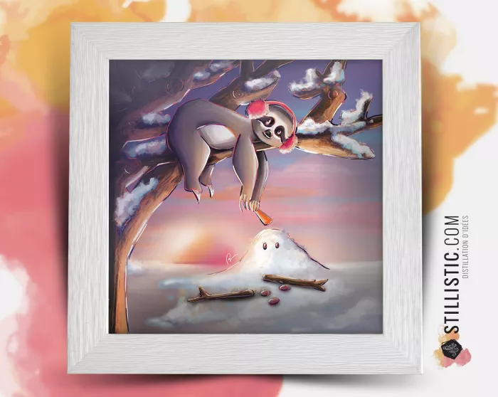 Cadre carré avec Illustration Paresseux et Bonhomme de neige pour Chambre Enfant bébé 25x25cm