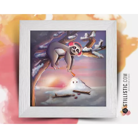 Cadre carré avec Illustration Paresseux et Bonhomme de neige pour Chambre Enfant bébé 25x25cm