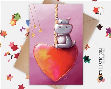 Carte de voeux papier 350g avec Illustration Originale Hippopotame Manège Coeur pour Fête des mères Anniversaire Saint-Valentin