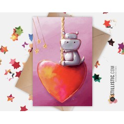 Carte de voeux papier 350g avec Illustration Originale Hippopotame Manège Coeur pour Fête des mères Anniversaire Saint-Valentin