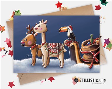 Carte de voeux papier 350g avec Illustration Originale lama renne et traîneau pour Noël Nouvel An