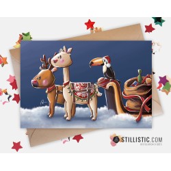 Carte de voeux papier 350g avec Illustration Originale lama renne et traîneau pour Noël Nouvel An