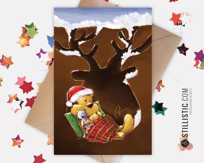 Carte de voeux papier 350g avec Illustration Originale Bébé Marmotte pour Noël Nouvel An Fêtes de fin d'année