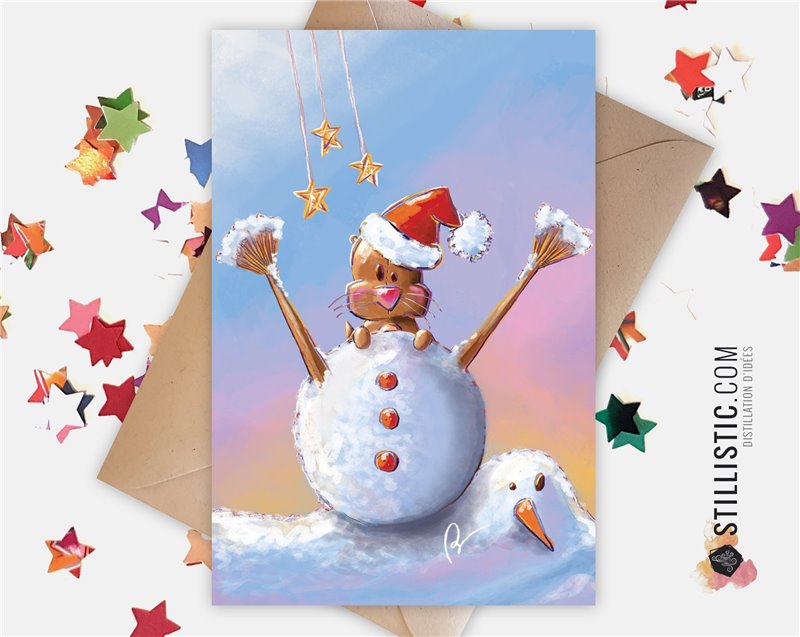 Carte de voeux papier 350g avec Illustration Originale loutre bonhomme de neige pour Noël Nouvel An