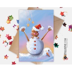 Carte de voeux papier 350g avec Illustration Originale loutre bonhomme de neige pour Noël Nouvel An