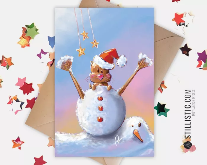 Carte de voeux papier 350g avec Illustration Originale loutre bonhomme de neige pour Noël Nouvel An