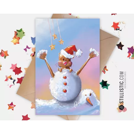 Carte de voeux papier 350g avec Illustration Originale loutre bonhomme de neige pour Noël Nouvel An