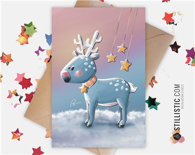 Carte de voeux papier 350g avec Illustration Originale Renne dans la neige Noël Nouvel An Fêtes de fin d'année