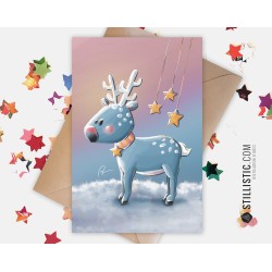 Carte de voeux papier 350g avec Illustration Originale Renne dans la neige Noël Nouvel An Fêtes de fin d'année