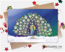 Carte de voeux papier 350g avec Illustration originale Paon Flocons de neige pour Noël Nouvel An Fêtes de fin d'année