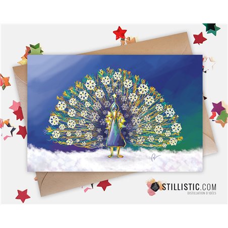 Carte de voeux papier 350g avec Illustration originale Paon Flocons de neige pour Noël Nouvel An Fêtes de fin d'année