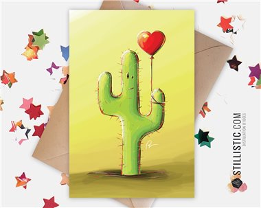 Carte de voeux papier 350g avec Illustration Originale Cactus et son ballon pour Amitié Saint-Valentin Anniversaire