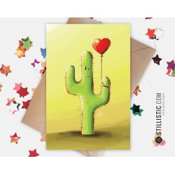 Carte de voeux papier 350g avec Illustration Originale Cactus et son ballon pour Amitié Saint-Valentin Anniversaire