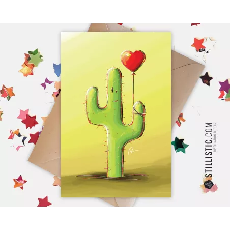Carte de voeux papier 350g avec Illustration Originale Cactus et son ballon pour Amitié Saint-Valentin Anniversaire