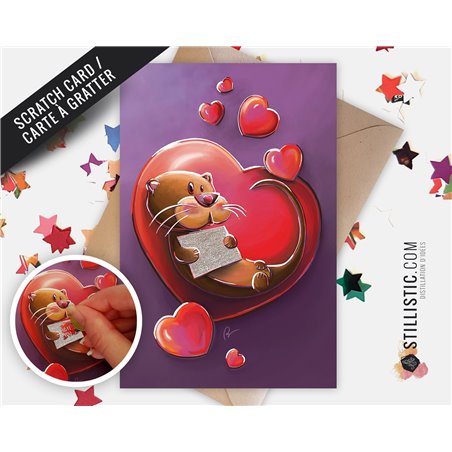 Carte de voeux papier 350g à gratter avec Illustration Originale Loutre Amour pour Saint-Valentin Anniversaire
