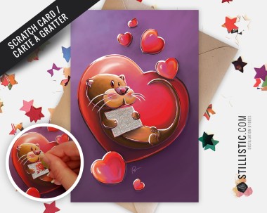 Carte de voeux papier 350g à gratter avec Illustration Originale Loutre Amour pour Saint-Valentin Anniversaire