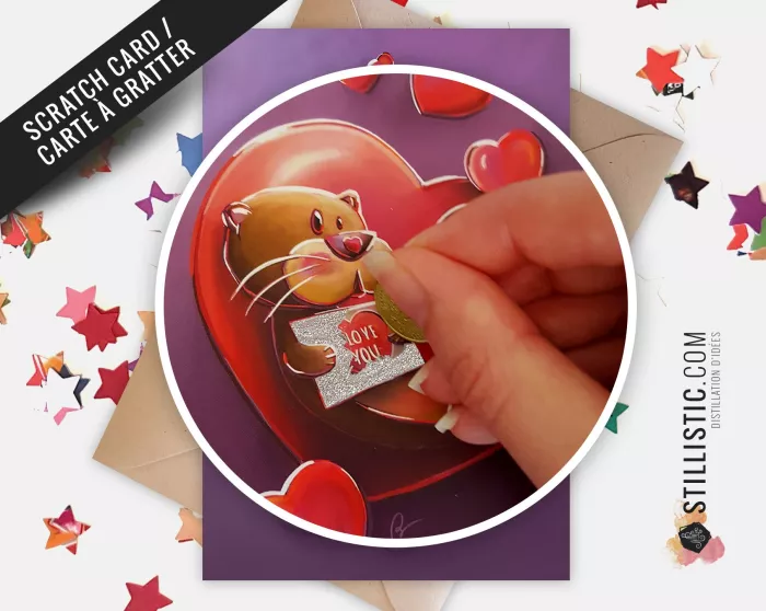 Carte de voeux papier 350g à gratter avec Illustration Originale Loutre Amour pour Saint-Valentin Anniversaire