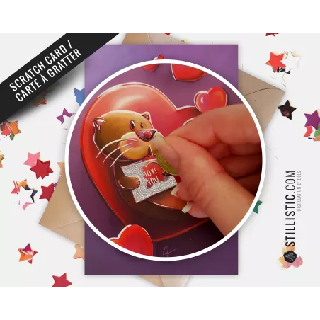 Carte de voeux papier 350g à gratter avec Illustration Originale Loutre Amour pour Saint-Valentin Anniversaire