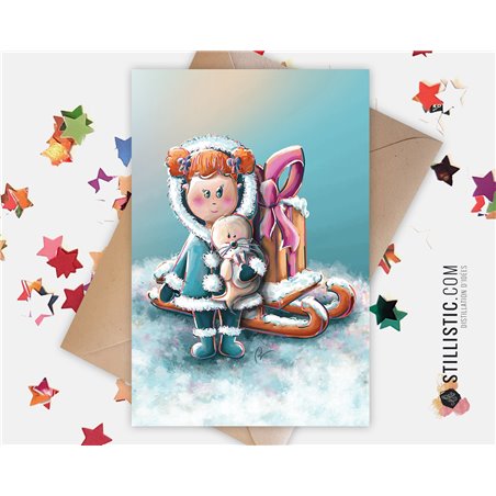 Carte de voeux papier 350g avec Illustration Originale Petite fille esquimau et cadeau Noël Nouvel An Amitié Anniversaire