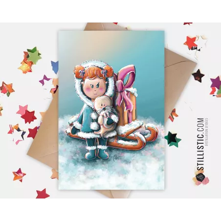Carte de voeux papier 350g avec Illustration Originale Petite fille esquimau et cadeau Noël Nouvel An Amitié Anniversaire
