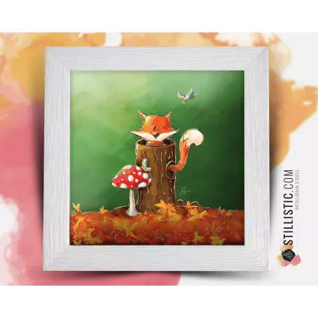 Cadre carré avec Illustration Petit renard dans la forêt pour Chambre Enfant bébé 25x25cm
