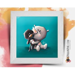 Cadre carré avec Illustration Rhinocéros et Panthère pour Chambre Enfant bébé 25x25cm