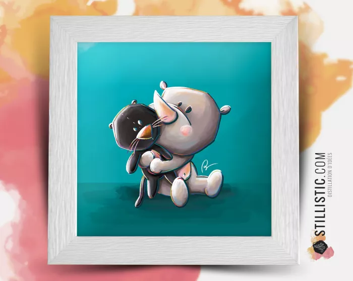 Cadre carré avec Illustration Rhinocéros et Panthère pour Chambre Enfant bébé 25x25cm
