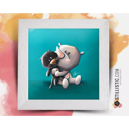 Cadre carré avec Illustration Rhinocéros et Panthère pour Chambre Enfant bébé 25x25cm