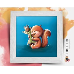 Cadre carré avec Illustration Ecureuil câlin et son doudou pour Chambre Enfant bébé 25x25cm