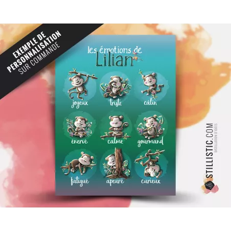 Poster / Affiche éducative Emotions avec illustration singes jungle personnalisable pour Chambre Enfant bébé ou école