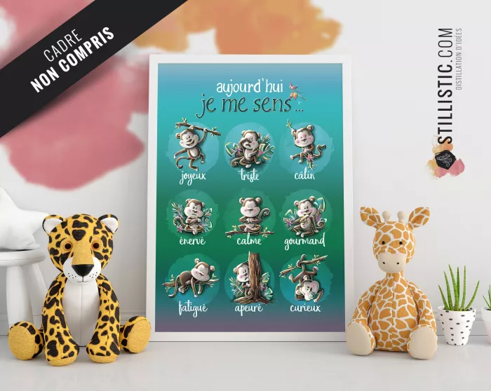 Poster / Affiche éducative Emotions avec illustration singes jungle personnalisable pour Chambre Enfant bébé ou école