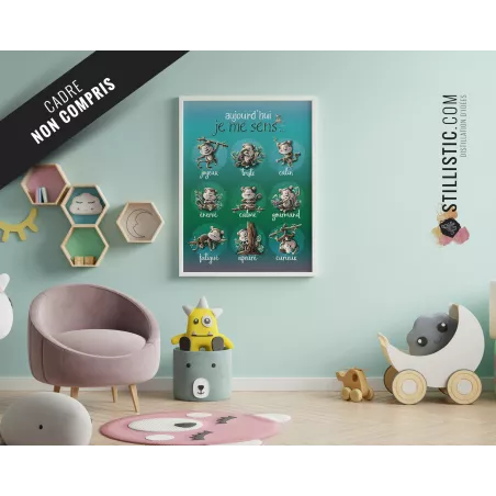 Poster / Affiche éducative Emotions avec illustration singes jungle personnalisable pour Chambre Enfant bébé ou école