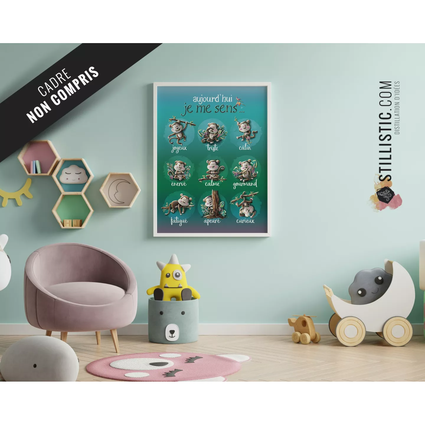 Poster / Affiche éducative Emotions avec illustration singes jungle personnalisable pour Chambre Enfant bébé ou école
