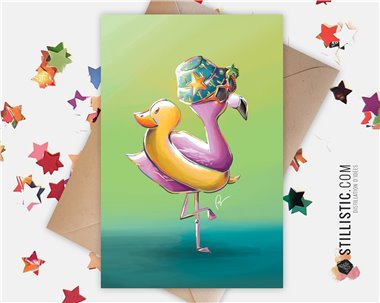 Carte de voeux papier 350g avec Illustration Originale Flamant rose et canard bouée pour Anniversaire Naissance
