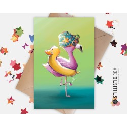 Carte de voeux papier 350g avec Illustration Originale Flamant rose et canard bouée pour Anniversaire Naissance