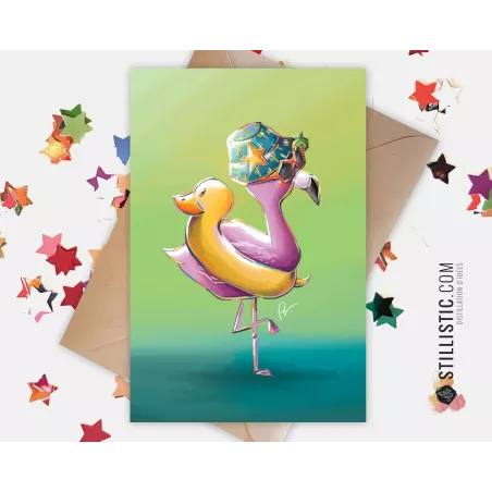 Carte de voeux papier 350g avec Illustration Originale Flamant rose et canard bouée pour Anniversaire Naissance