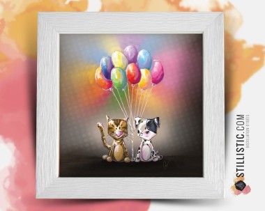 Cadre carré avec Illustration Chiot, chaton et ballons pour Chambre Enfant bébé 25x25cm