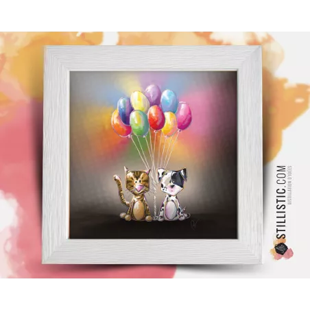 Cadre carré avec Illustration Chiot, chaton et ballons pour Chambre Enfant bébé 25x25cm
