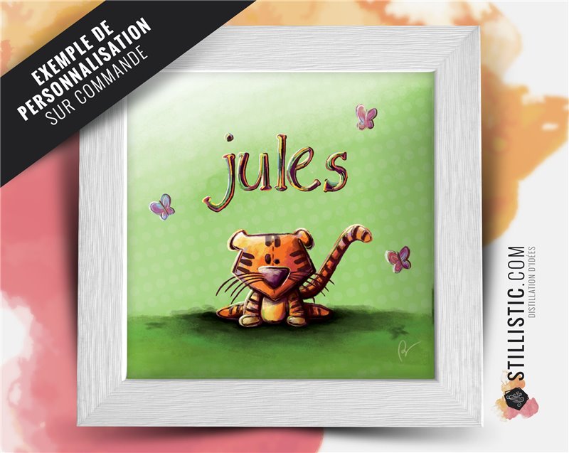 Cadre carré avec Illustration Chiot, chaton et ballons pour Chambre Enfant bébé 25x25cm
