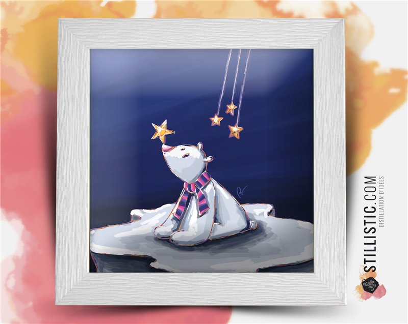 Cadre carré avec Illustration Ours polaire et étoiles pour Chambre Enfant bébé 25x25cm