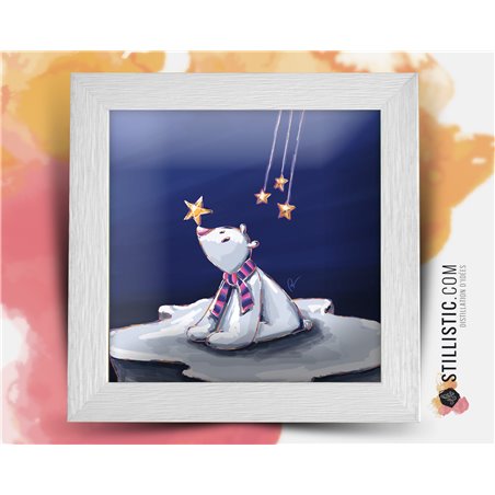 Cadre carré avec Illustration Ours polaire et étoiles pour Chambre Enfant bébé 25x25cm