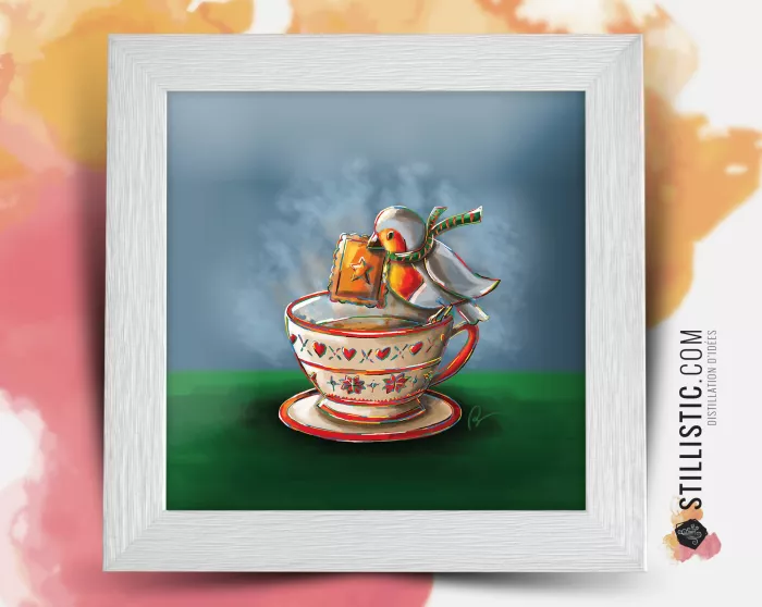 Cadre carré avec Illustration Rouge-Gorge Pause thé pour Chambre Enfant bébé 25x25cm