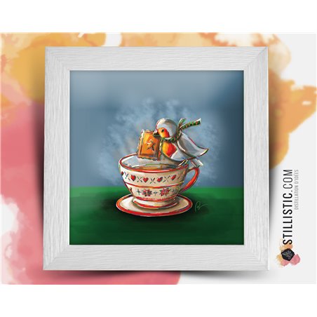 Cadre carré avec Illustration Rouge-Gorge Pause thé pour Chambre Enfant bébé 25x25cm