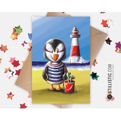 Carte de voeux papier 350g avec Illustration Originale Macareux Bord de Mer pour Amitié Anniversaire Naissance