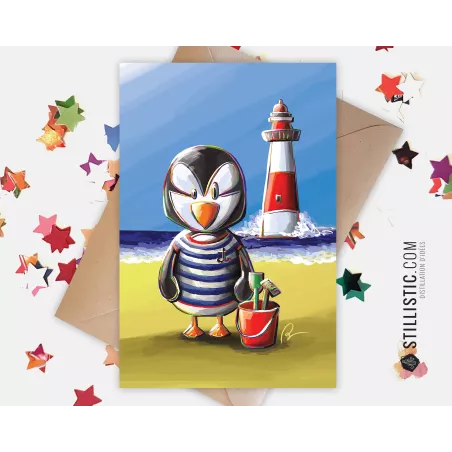 Carte de voeux papier 350g avec Illustration Originale Macareux Bord de Mer pour Amitié Anniversaire Naissance