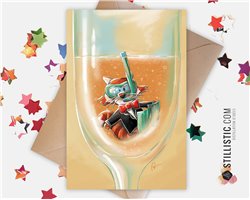 Carte de voeux papier 350g avec Illustration Originale Panda roux et champagne Noël Nouvel An  Mariage Félicitations
