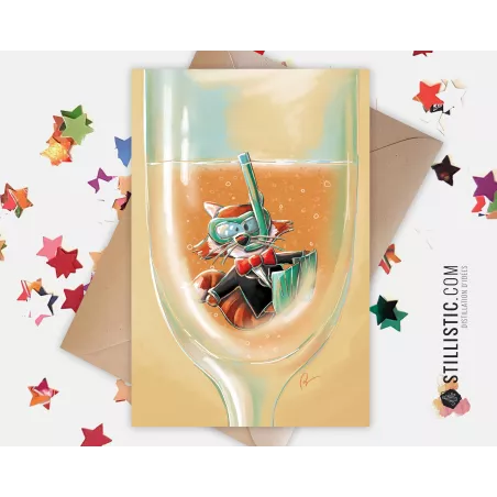 Carte de voeux papier 350g avec Illustration Originale Panda roux et champagne Noël Nouvel An  Mariage Félicitations